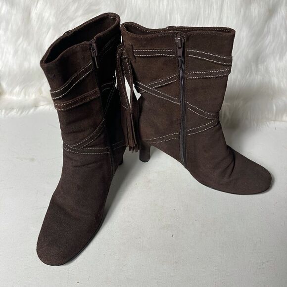 Bisou Bisou brown leather suede booties with side zipper crisscross stra… - Picture 1 of 9